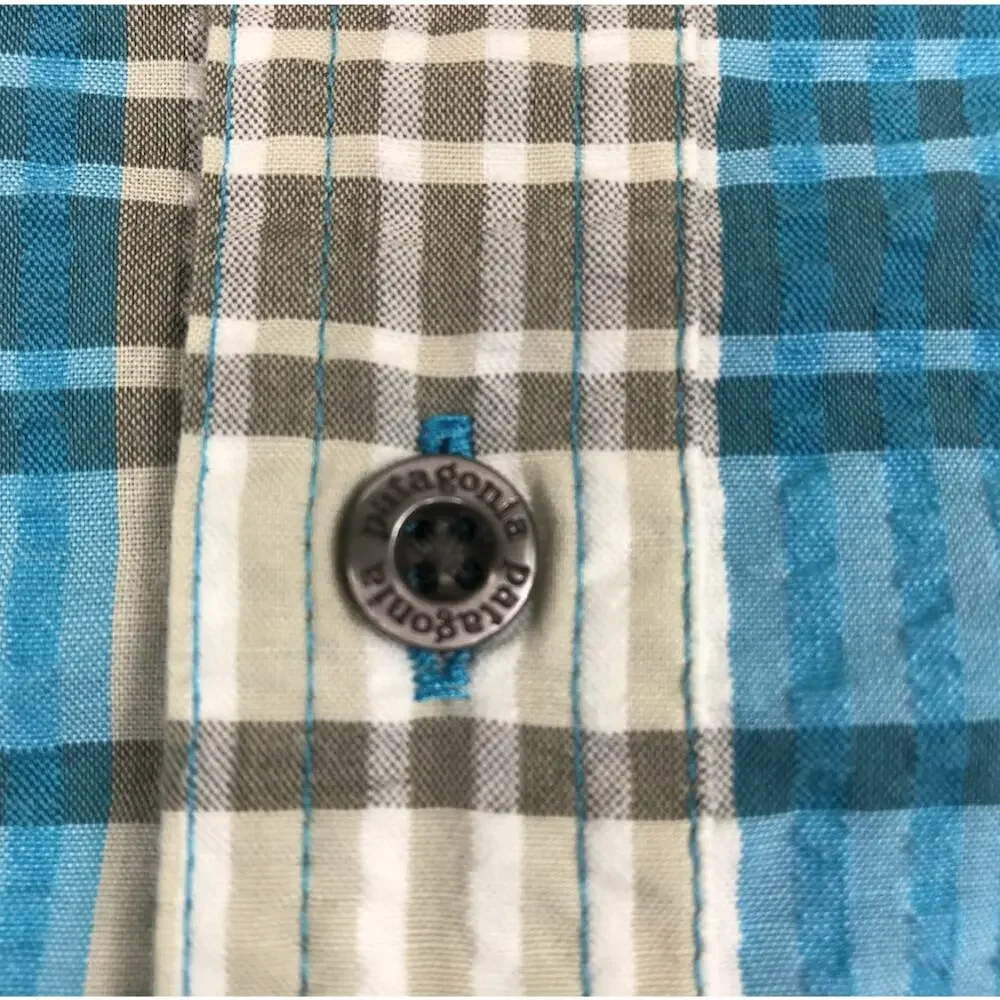 PATAGONIA Puckerware Plaid Short Sleeve Shirt Men M Blue Classic Crinkle Resort